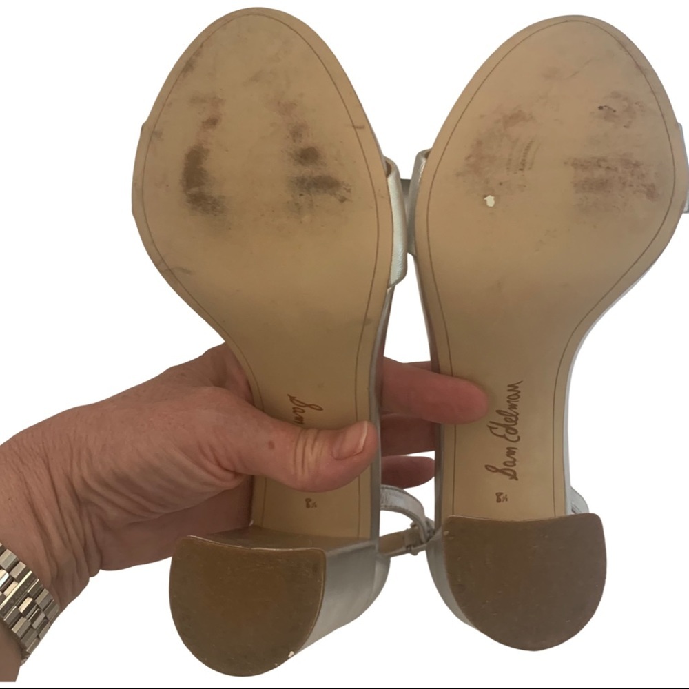 SAM EDELMAN Yaro Block Heel 4” Leather Sandal Silver Shimmer Metallic Size 8.5 - Picture 11 of 14